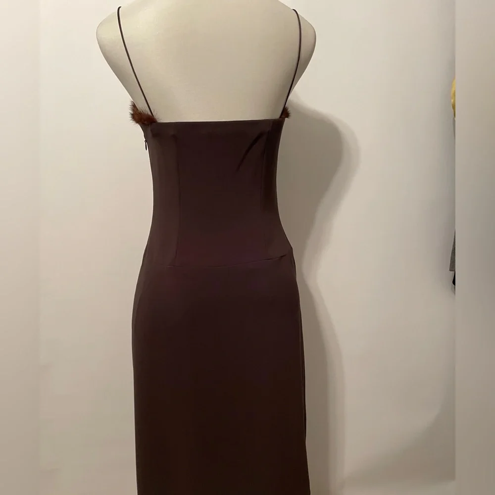 Tahari Striking Mink trimmed Spaghetti Strap Dress - Picture 3 of 13